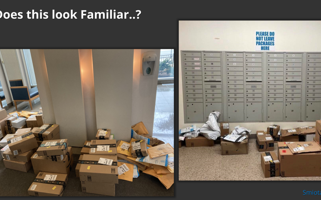 packages cluttering hallway and mailboxes