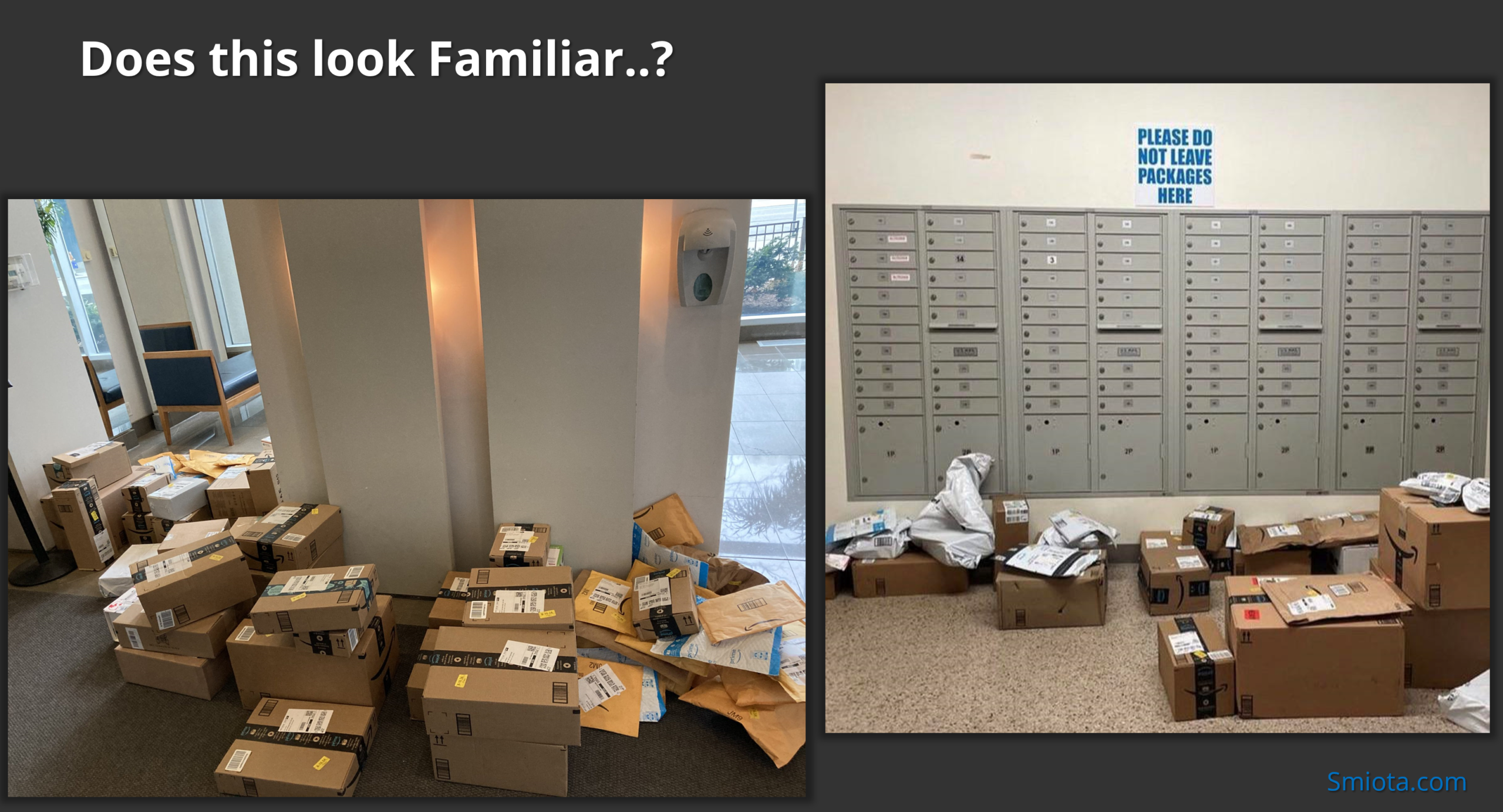 packages cluttering hallway and mailboxes